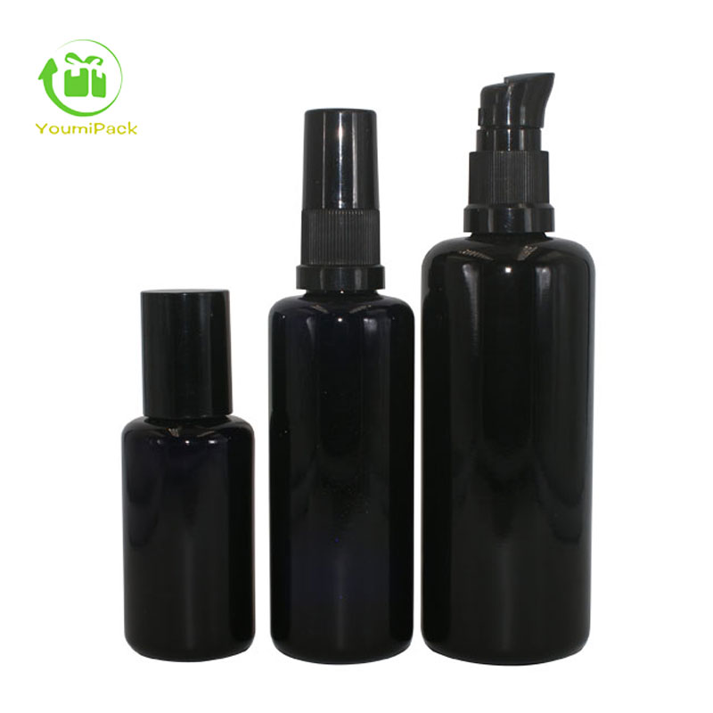 dark violet glass bottles with rose bronze pump